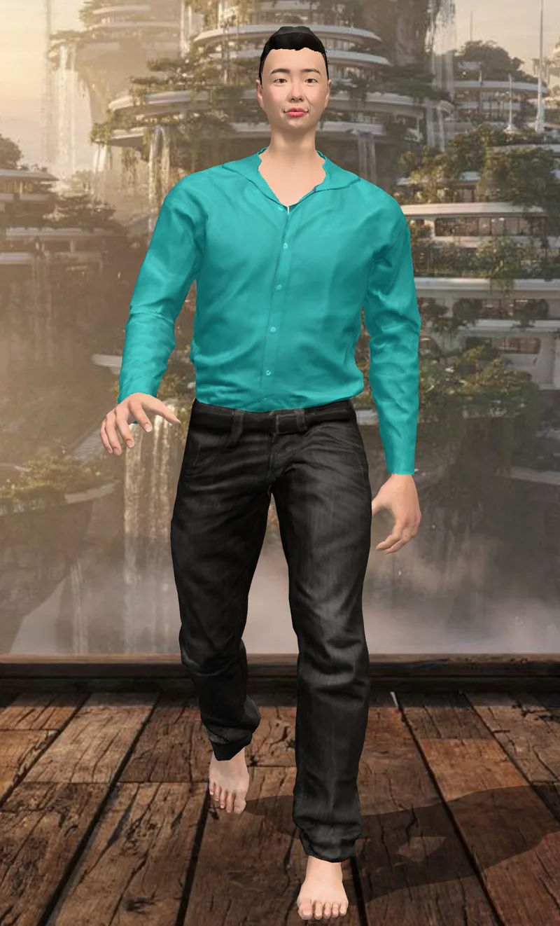 Avatar in a teal shirt and jeans