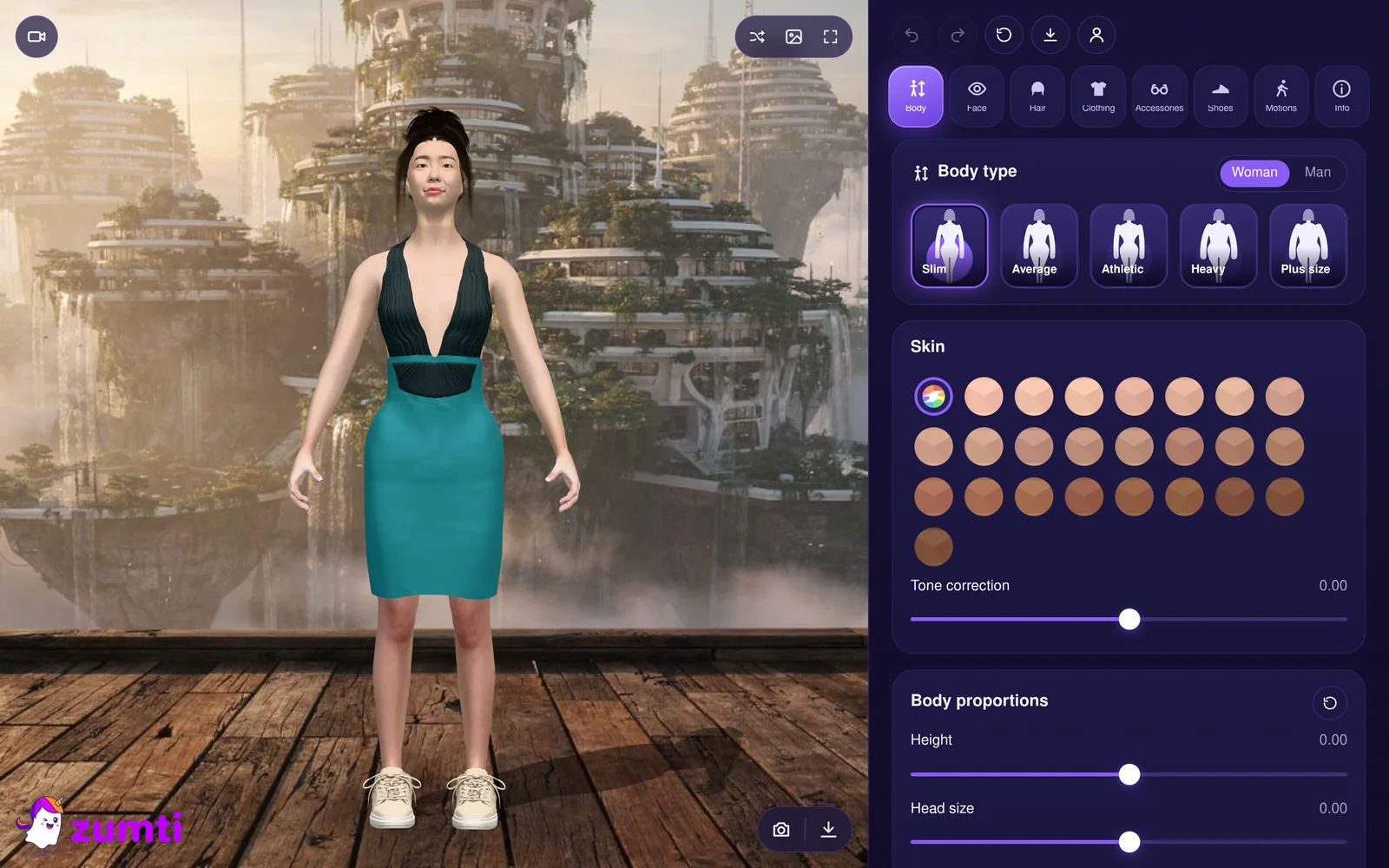 The Zumti Avatar editor: a 3D avatar with body type and skin tone options