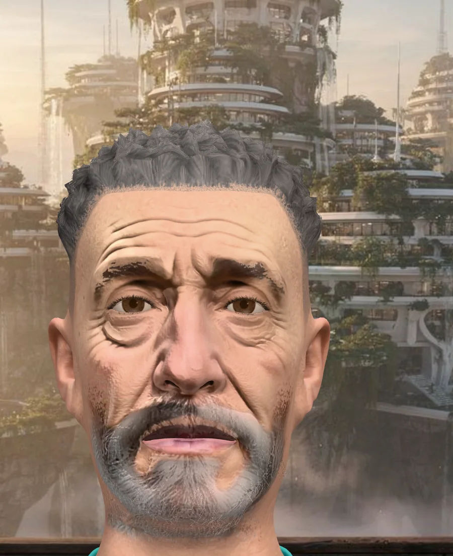 A 3D head of an older man with grey beard built from photos