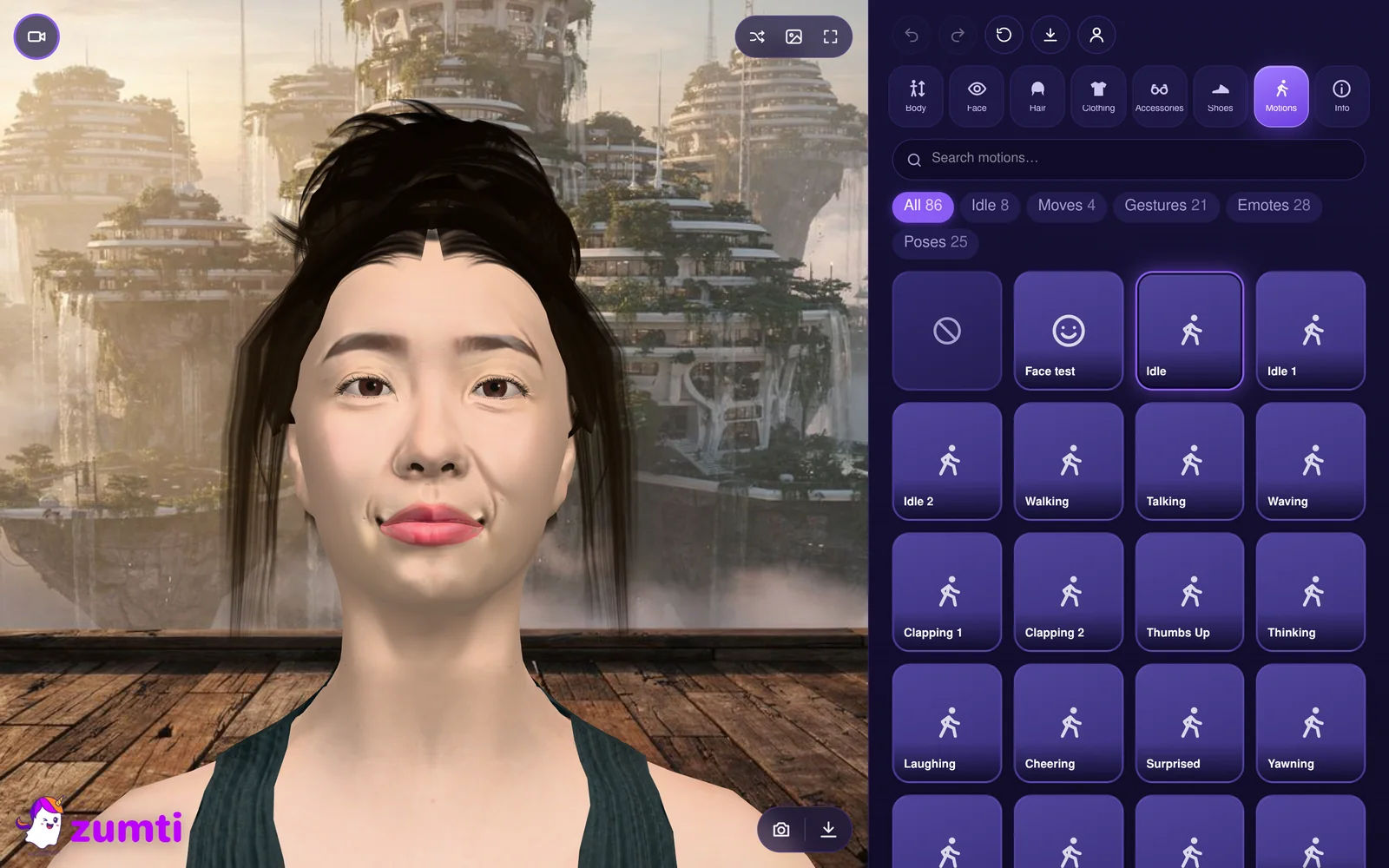 The motions panel of the avatar editor