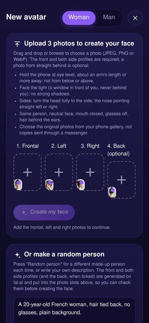Uploading front, left and right photos to create a face