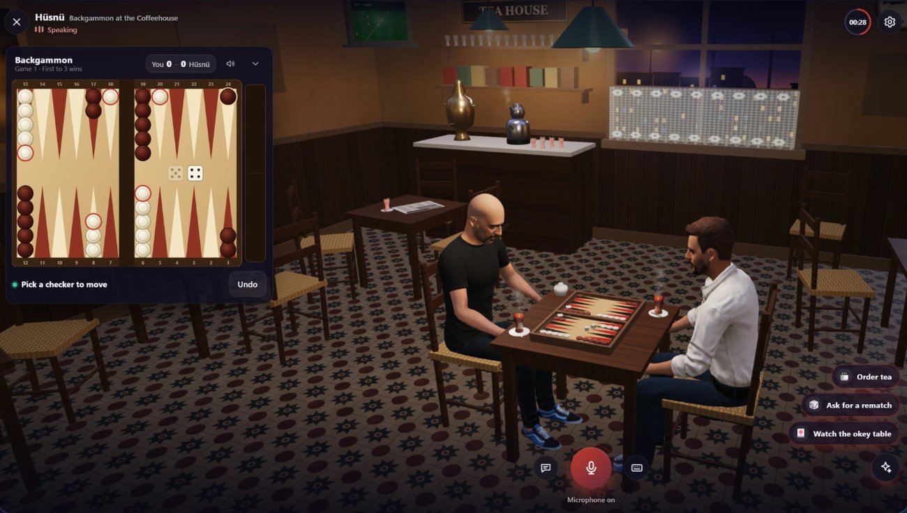 Backgammon with an AI character in a 3D coffeehouse