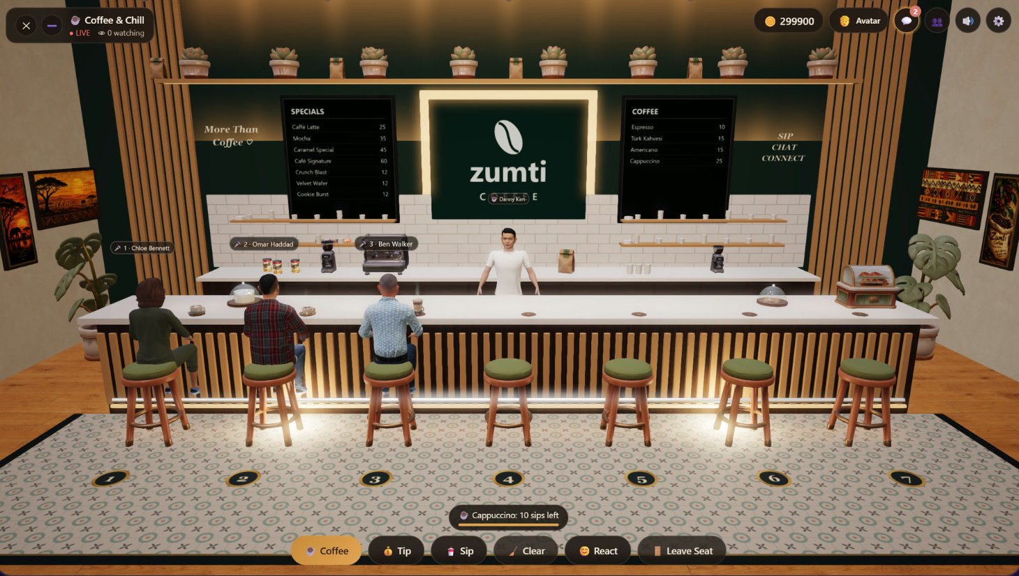 Guests sitting at the bar of the 3D Zumti café